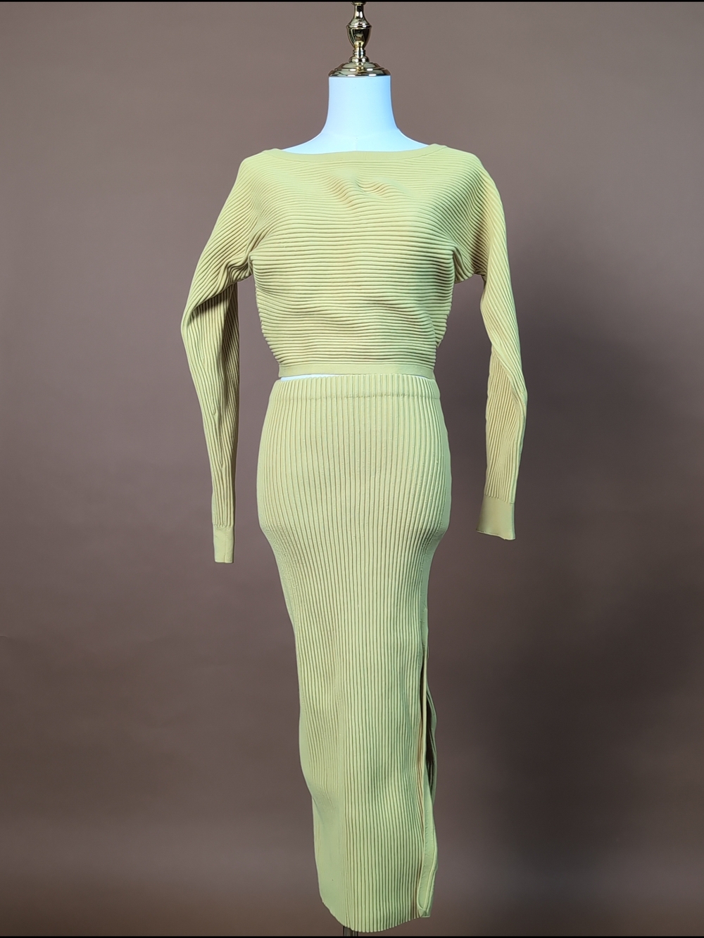 Chic Open Edit Ribbed Knit Skirt Set in Light Green Model Off-Duty